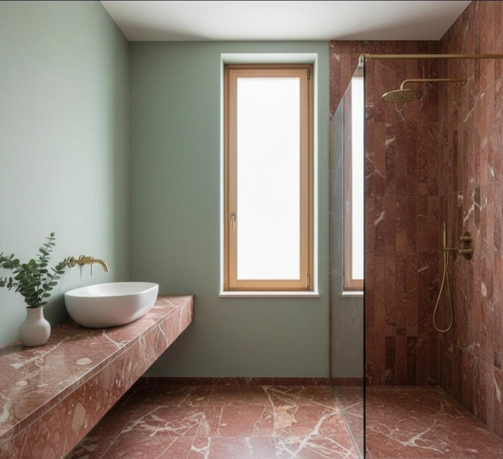 Arredamento bagno moderno con parete verde salvia, pavimento e top lavabo in marmo rosso Verona, rubinetteria dorata e doccia walk-in con profili sottili.