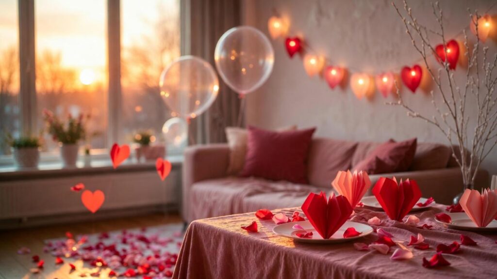 Decorare casa per San Valentino con zona cozy: divano rosa, cuori origami, palloncini trasparenti, petali rossi e luci LED romantiche