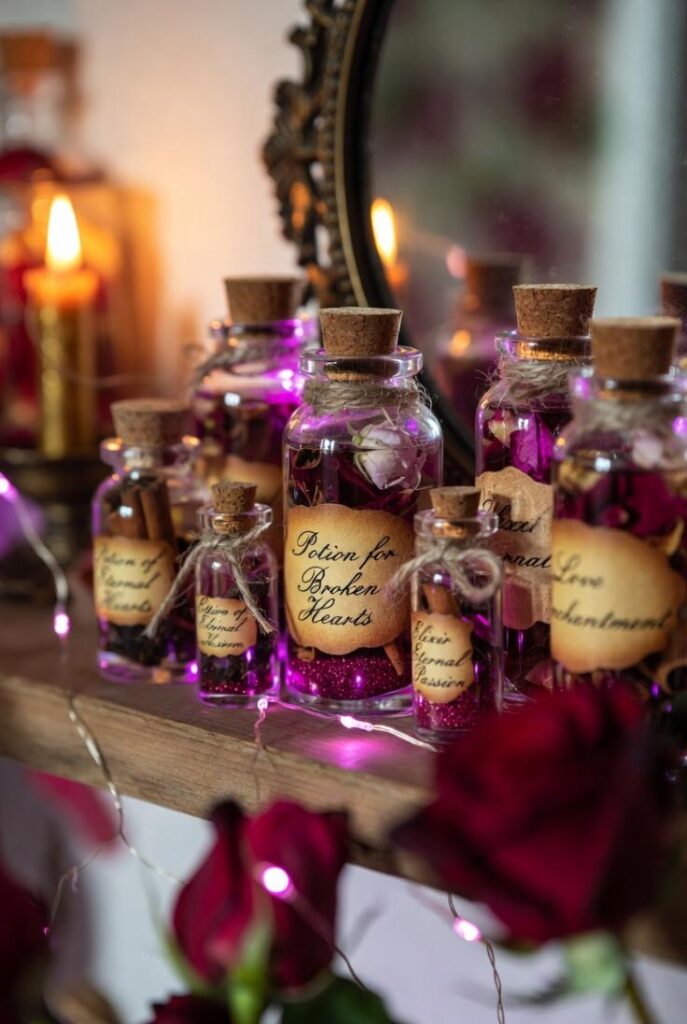 Decorare casa per San Valentino con angolo love potion: bottigliette vetro riciclate viola, petali essiccati, etichette "Pozione per cuori infranti" su mensola illuminata