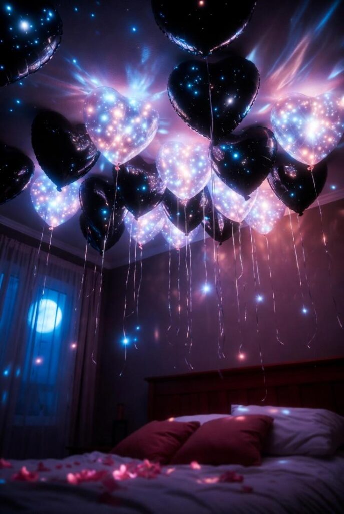Decorare casa per San Valentino con installazione cielo stellato: palloncini elio cuori neri twinkling LED, camera da letto romantica notturna