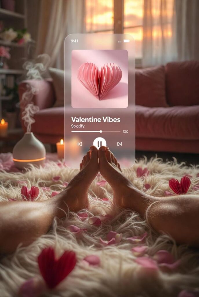 Decorare casa per San Valentino con tappeto morbido piedi nudi, playlist Spotify Valentine Vibes, cuori origami e candele cozy