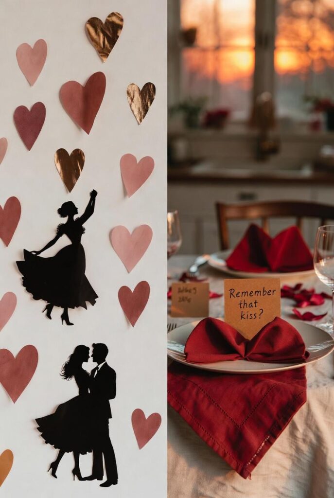 Decorare casa per San Valentino con sticker removibili cuori e silhouette coppie danzanti su parete, tavola cucina tovaglioli ripiegati cuore e segnaposti "Remember that kiss"