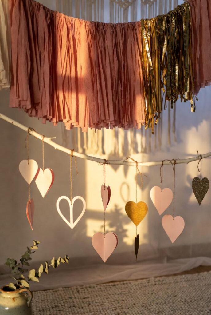 Decorare casa per San Valentino vibe boho-romantica: festoni carta crespa rosa oro, rami bianchi cuoricini legno sospesi, eucalipto
