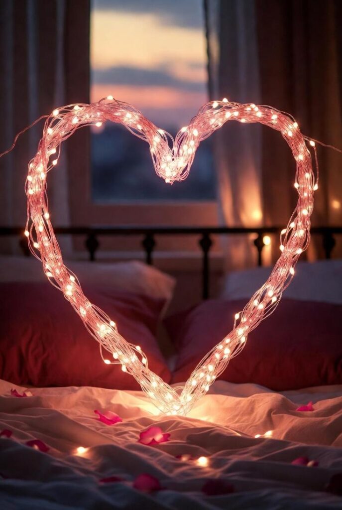 Immagine romantica per decorare casa per San Valentino con cuore luminoso di fairy lights, petali rosa sul letto e sfondo tramonto accogliente.