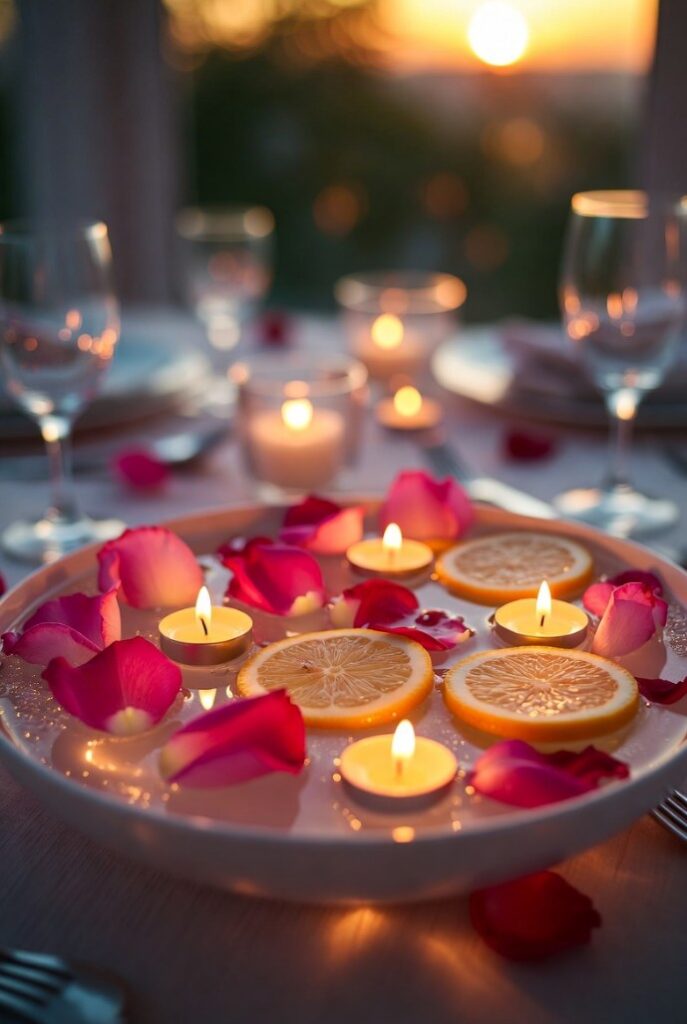 Immagine di centrotavola per decorare casa per San Valentino con candele galleggianti su fette d'arancia, petali rossi e setup tavola romantica al tramonto.