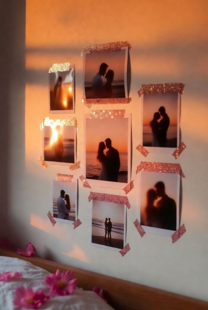Decorare casa per San Valentino con muro gallery love: 9 foto lucide coppia incorniciate washi tape rosa glitter asimmetrico sopra letto