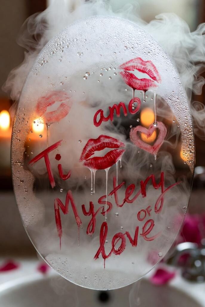 Decorare casa per San Valentino con specchio bagno appannato vapore: messaggi rossetto rosso "Ti amo", baci, "Mystery of love", candele petali