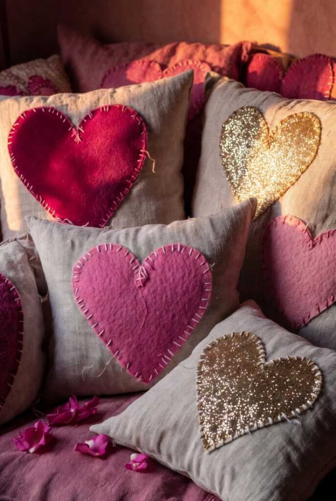 Decorare casa per San Valentino con cuscini personalizzati DIY: toppe cucite cuore rosso feltro, rosa, oro glitter su federe lino vintage