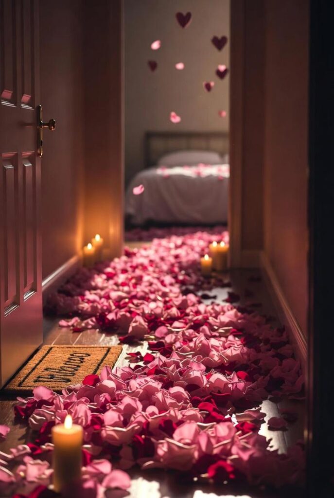 Decorare casa per San Valentino con percorso petali freschi rossi rosa, candele guida dal portone socchiuso alla camera da letto romantica