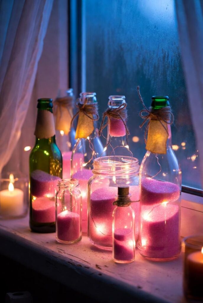 Decorare casa per San Valentino con bottiglie luminose: sabbia rosa, catenine LED rosa/bianco, nastri su davanzale finestra notte candele