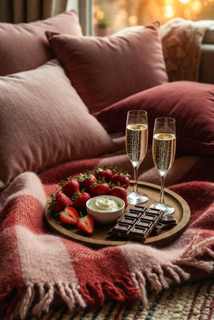 Decorare casa per San Valentino angolo picnic indoor: vassoio legno fragole fresche, cioccolato, panna, calici prosecco su coperta cuscini velluto rosa