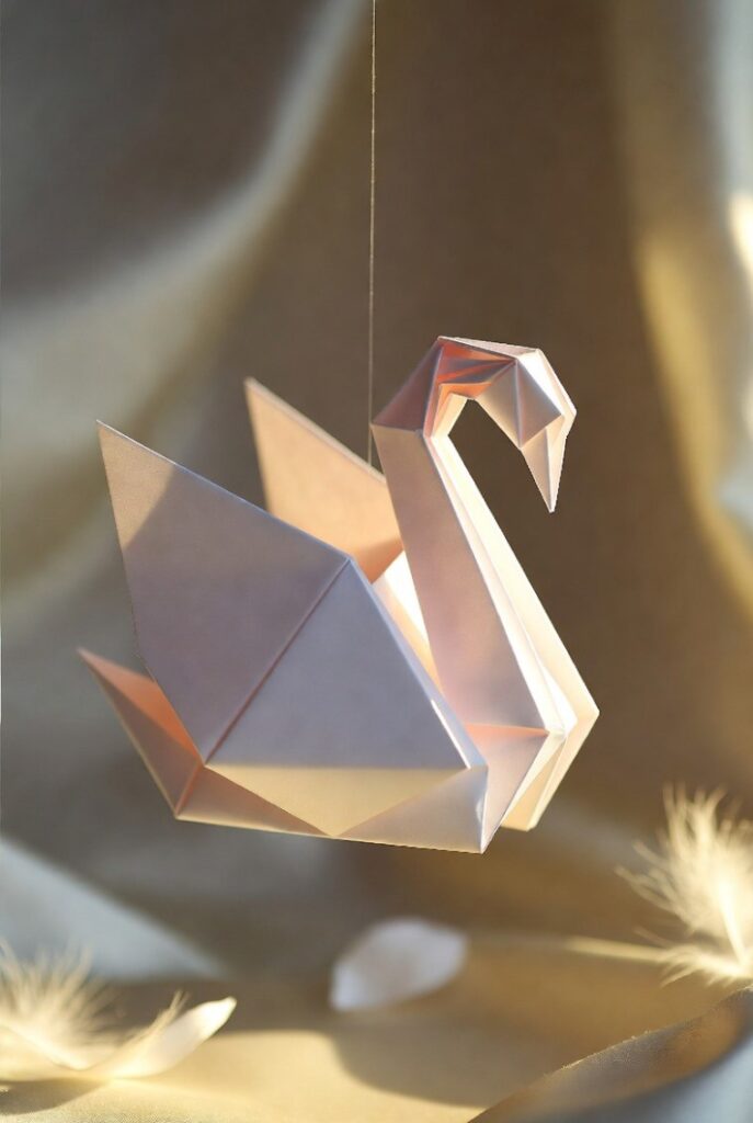 Decorare casa per San Valentino con cigno origami facile rosa 3D, simbolo amore eterno, piume leggere e luce dorata