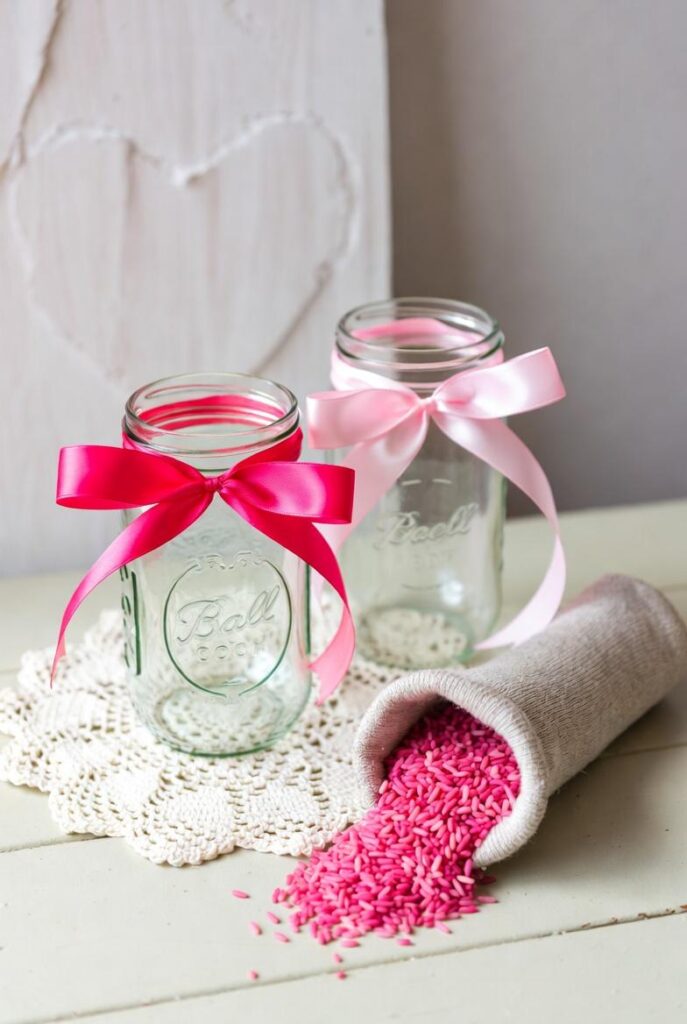 Immagine DIY per decorare casa per San Valentino con barattoli riciclati adornati da fiocchi rosa e riso rosa versato da calza, idea zero-waste accogliente.