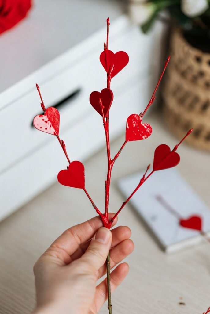 Immagine DIY per decorare casa per San Valentino con ramo adornato da cuori rossi tenuto in mano, atmosfera accogliente.