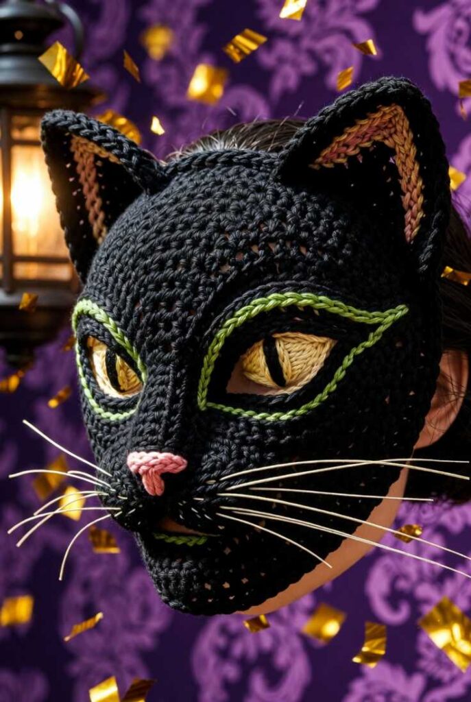 Maschera di Carnevale a uncinetto nera da gatto misterioso indossata, con occhi verdi ricamati, naso rosa e baffi bianchi su sfondo viola Carnevale con lanterne e coriandoli dorati.