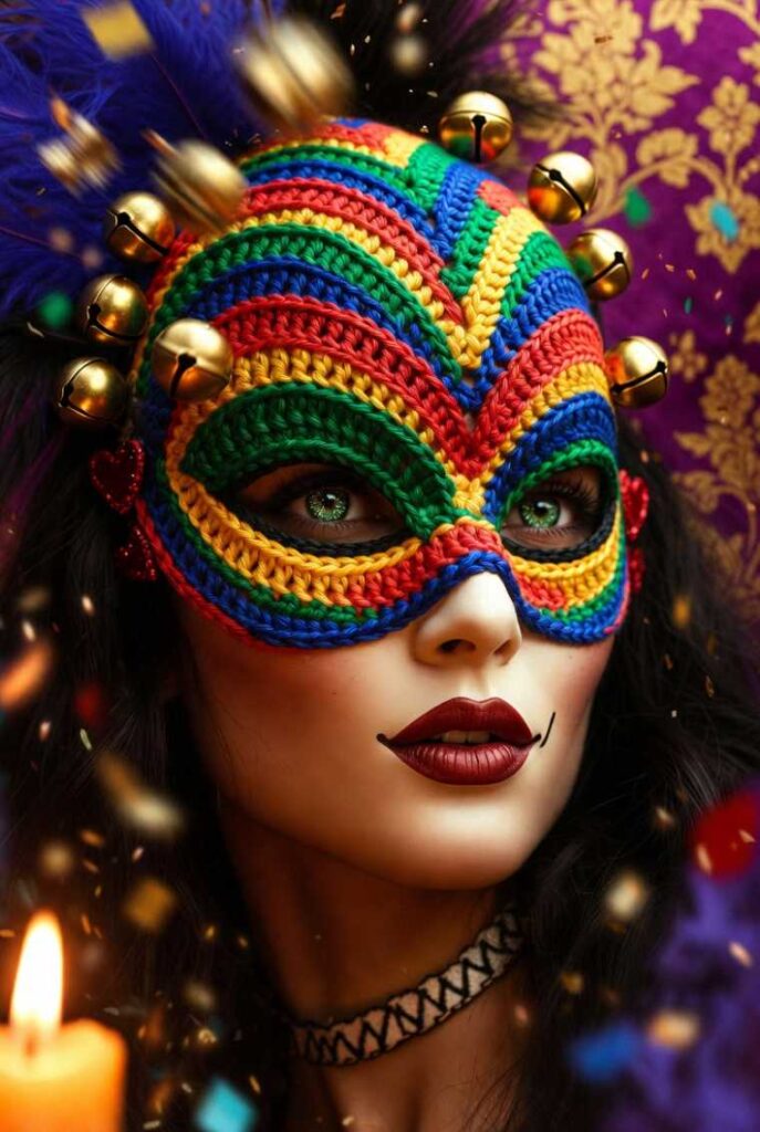 Maschera di Carnevale a uncinetto Arlecchino colorata con rombi rosso-verde-giallo-blu, campanellini dorati e texture crochet, indossata su sfondo viola damascato con coriandoli e candele. 