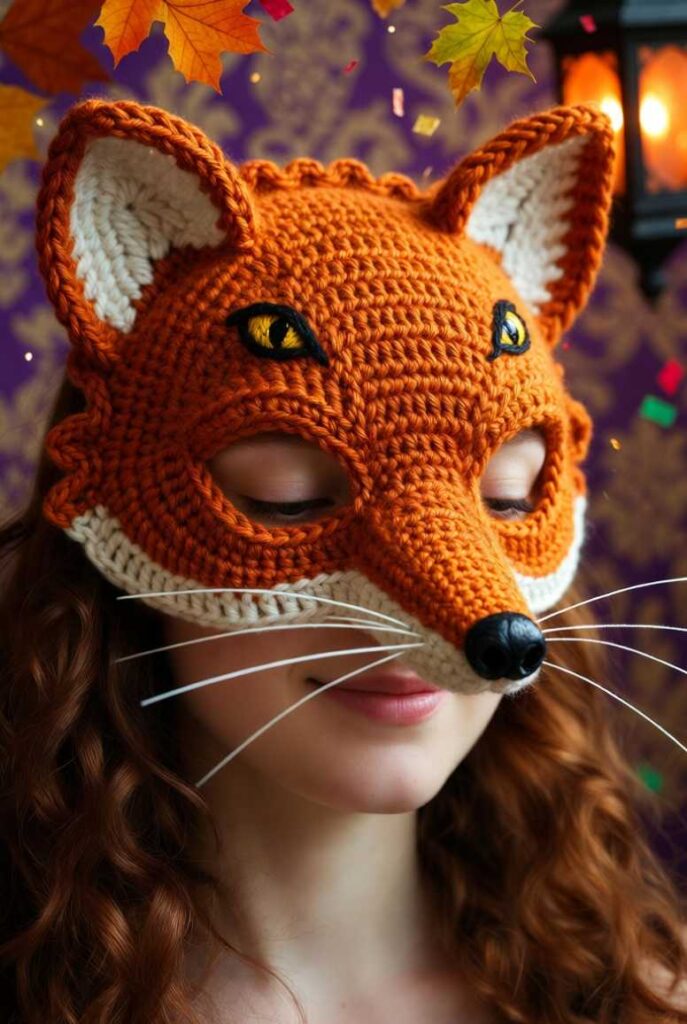 Maschera di Carnevale a uncinetto arancione da volpe furbetta indossata, con orecchie bianche, occhi gialli ricamati e muso pronunciato su sfondo viola Carnevale con foglie autunnali e lanterne.