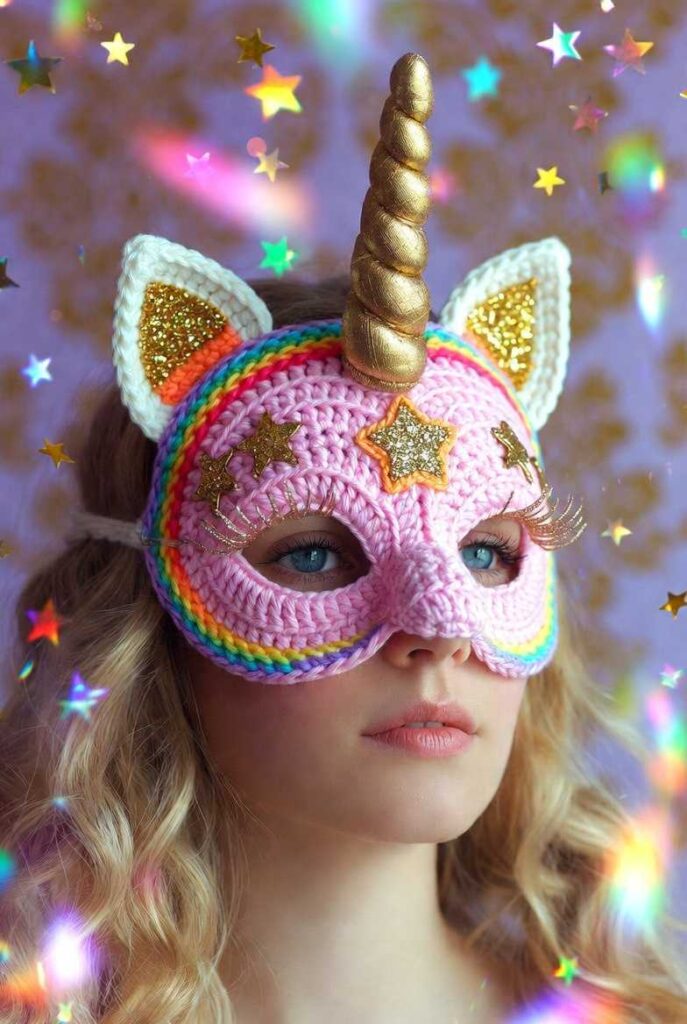 Maschera unicorno crochet rosa pastello con corno dorato spirale, orecchie bianche, stelle glitter e bordo arcobaleno multicolore, indossata da modella bionda su sfondo damasco lilla con stelle cadenti, stile Carnevale veneziano artigianale magico 