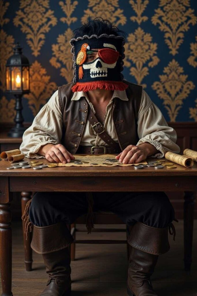 Maschera pirata crochet nera con teschio bianco, benda rossa, pappagallo arancione e frange rosse, indossata da modello abbronzato in costume da pirata con mappa del tesoro e monete su sfondo damasco blu-oro, stile Carnevale veneziano avventuroso artigianale
