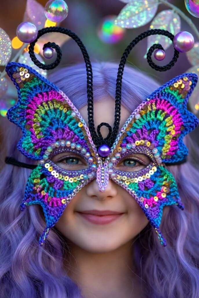 Maschera farfalla incantata crochet iridescente con ali blu-viola-rosa-verde, antenne nere spirali con perle viola-rosa, paillettes dorate e perline, indossata da giovane modella con capelli lilla mossi e trucco shimmer, sfondo pastello viola-rosa con bolle luminose e foglie glitter, stile fotografico macro Carnevale veneziano artigianale DIY craft