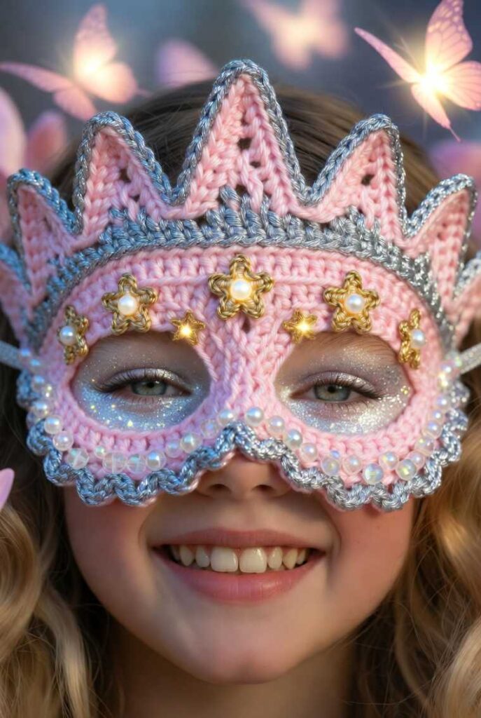 Maschera principessa fatata crochet rosa pallido con corona traforata a 5 picchi argento, stelle dorate 5 punte con perle luminose, bordi festonati con perline iridescenti, indossata da giovane modella con pelle luminosa lentigginosa, capelli biondi ondulati e trucco glitter argento, sfondo etereo azzurro perla con nuvole soffici, farfalle luminose e petali rosa, stile fotografico macro Carnevale veneziano artigianale fiabesco DIY craft.