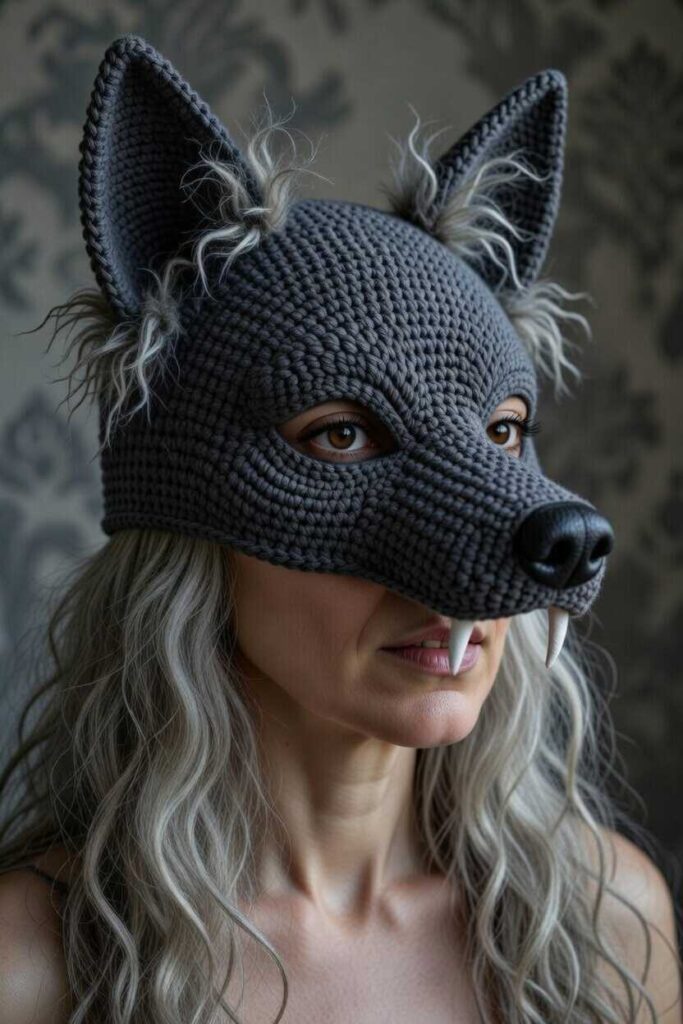 Maschera lupo ululante crochet grigio scuro con muso pronunciato 5 cm, orecchie alte 7 cm pelose, occhi gialli ambra realistici con pupille nere, 4 zanne bianche sporgenti 1 cm, indossata da donna 30 anni pelle chiara capelli grigi mossi, illuminazione luna naturale, sfondo damasco grigio opaco, stile fotografico ultra-realistico Carnevale veneziano artigianale 