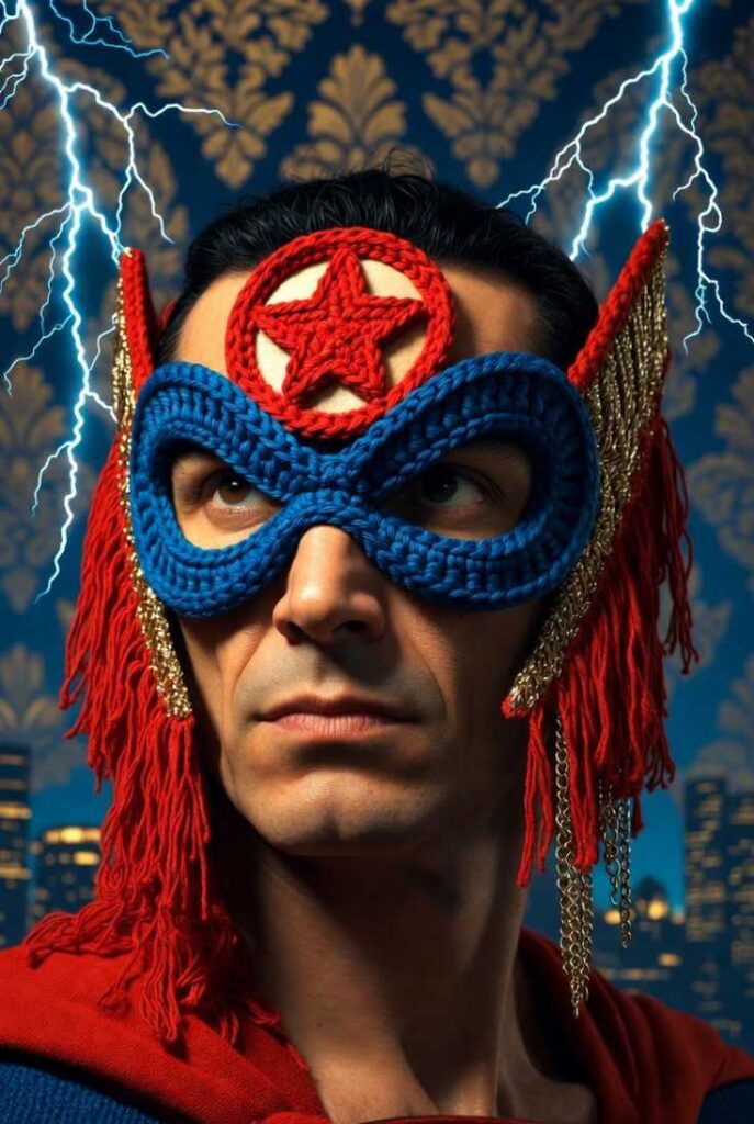 Maschera supereroe crochet blu scuro con occhiali ovali larghi, logo stella rossa centrale rialzata, mantello rosso frangiato 15 cm, dettagli dorati metallici, indossata da modello atletico olivastra capelli neri corti, illuminazione heroica, sfondo damasco blu-oro con fulmini e skyline città, stile Carnevale veneziano epico fumetto artigianale 