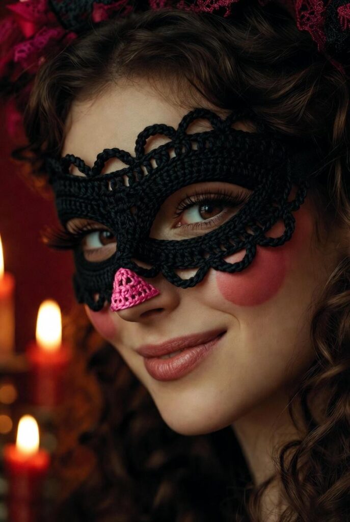 Maschera Colombina graziosa servetta crochet nera con ovali occhi uniti ponte, naso triangolo rosa, guance cerchi rosee, bordi festone ciglio catena, indossata da donna 28 anni olivastra capelli mossi, illuminazione candela calda, sfondo damasco rosso con merletti nastri, stile commedia dell'arte Carnevale veneziano artigianale