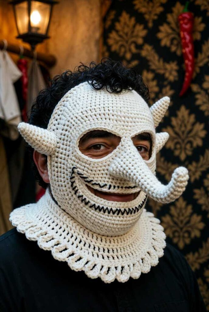 Maschera Pulcinella buffone napoletano crochet bianco con naso adunco 4 cm curvato, corna coni 8 cat, sorriso zig-zag 8 cm, collo alto 5 cm gobbo, indossata da uomo 40 anni olivastra capelli ricci, illuminazione lanterna napoletana, sfondo damasco nero-oro con panni peperoncini, stile Carnevale partenopeo comico artigianale