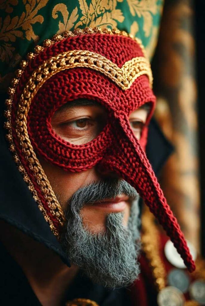Maschera Pantalone mercante astuto crochet rosso scuro con naso lungo 5 cm, barba frange grigie 8 cm, occhi neri ovali, bordo oro picot, mantello nero triangolo, indossata da uomo 50 anni olivastra barba grigia, illuminazione candela, sfondo damasco verde-oro con rotoli stoffa monete antiche, stile Carnevale veneziano ingegnoso artigianale 