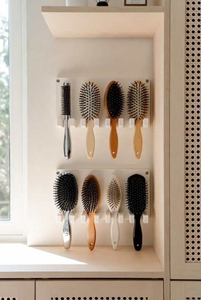 Organizer appeso per pulizia spazzole capelli in spazio asciutto