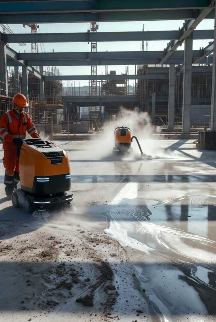 Operaio con caschetto guida robot pulitore industriale arancione in cantiere edile, tecnologia per pulizia professionale su calcestruzzo sporco, risultati omogenei e precisi