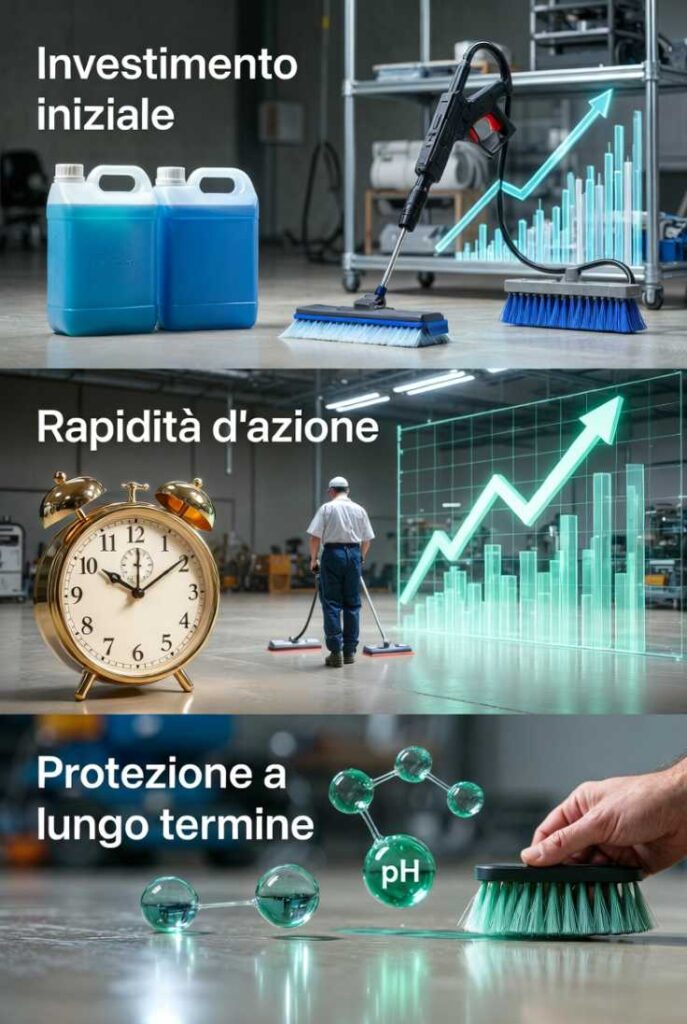 Infografica pulizia professionale con sezioni investimento taniche concentrate, rapidità azione orologio manodopera, protezione pH e spazzole per pavimenti anti-usura