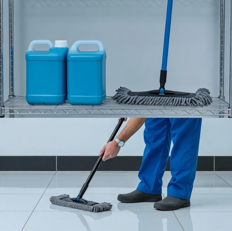 Pulizia professionale con taniche detergenti blu su scaffale e operatore in divisa che mopa pavimento lucido, attrezzature pro per ambienti perfetti
