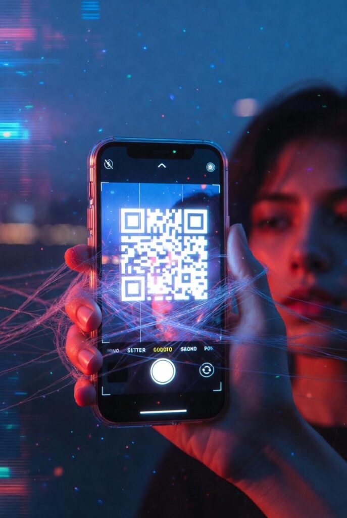 QR phishing Pinterest: smartphone scansiona codice QR pericoloso con trappola digitale invisibile e glitch effect