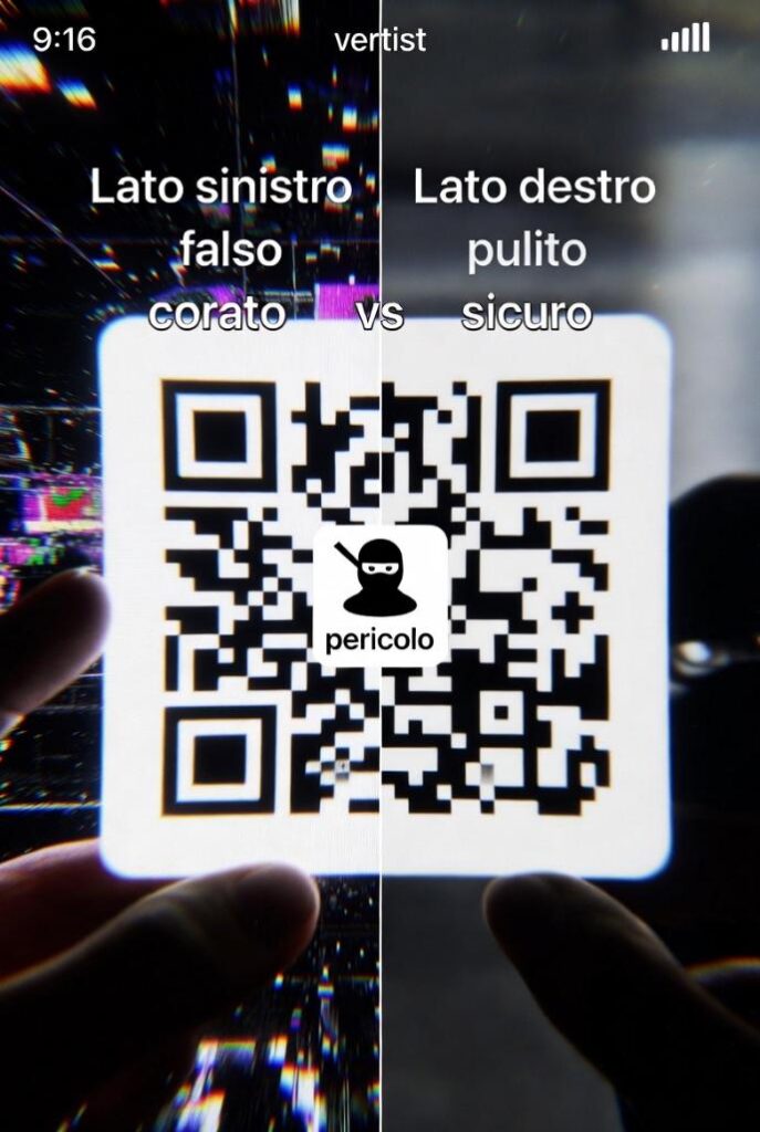 QR phishing: confronto QR code falso affollato vs originale pulito, guida anti-phishing