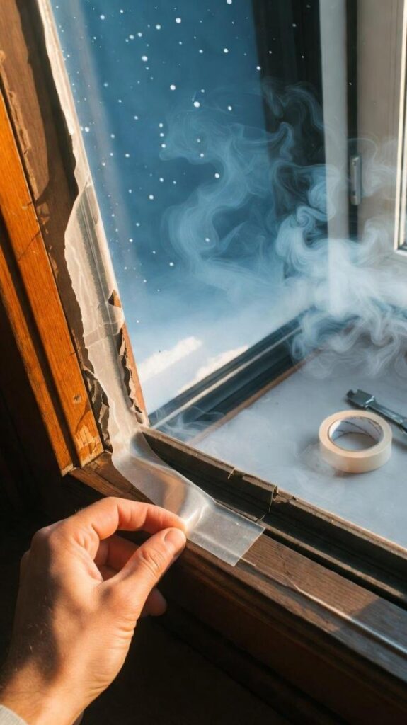Come fare per mantenere la casa calda in inverno applicando nastro adesivo per sigillare crepe finestre contro neve e spifferi