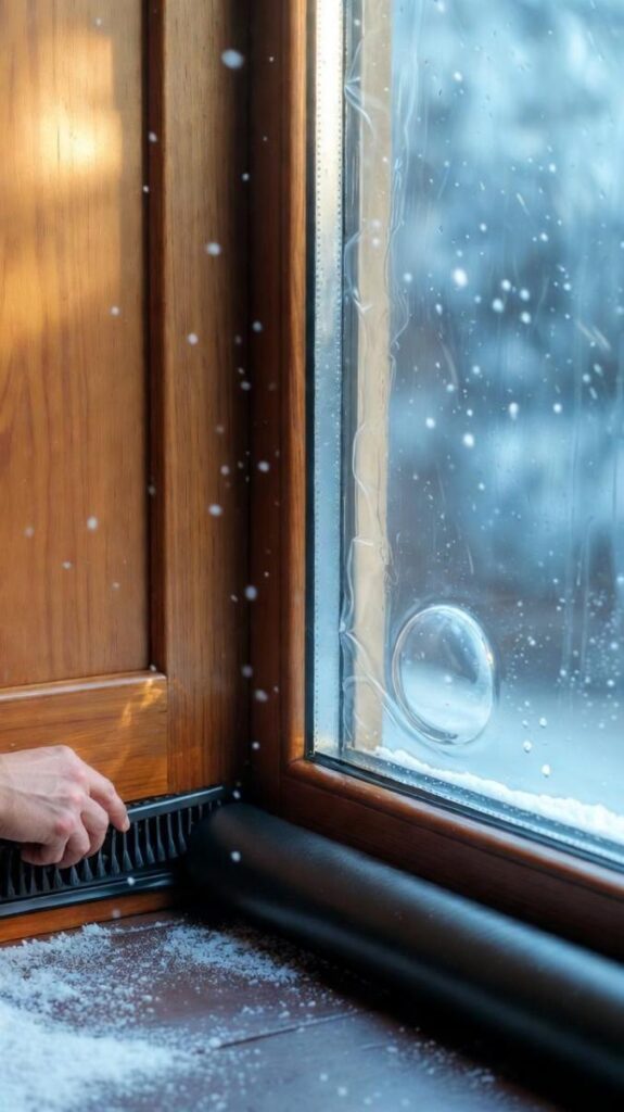 Come fare per mantenere la casa calda in inverno con spazzola sigillante sotto finestra e pellicola termica contro neve e spifferi