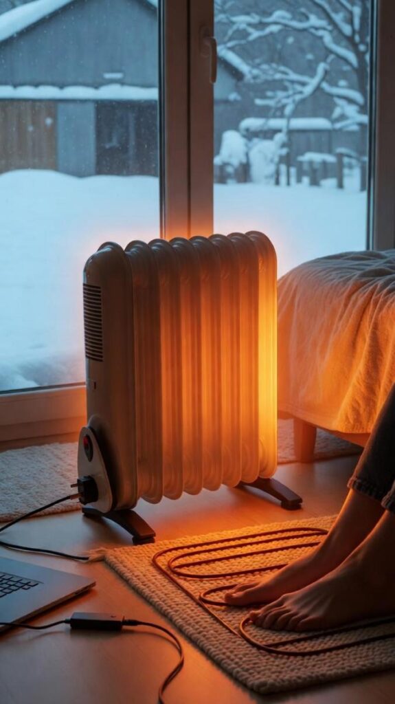 Come fare per mantenere la casa calda in inverno con calorifero a olio acceso e tappetino riscaldante sotto i piedi contro finestra nevosa