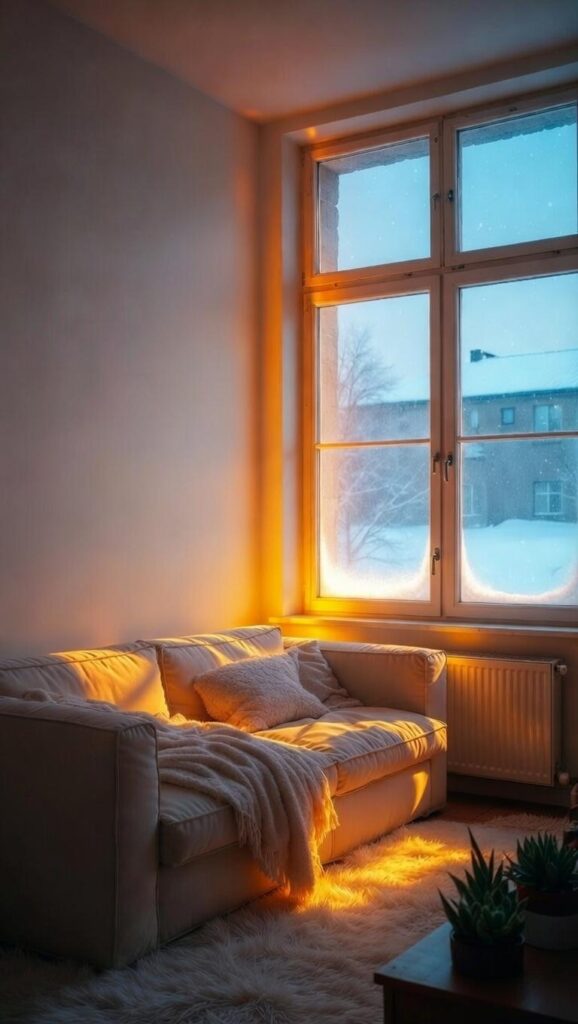 Come fare per mantenere la casa calda in inverno con divano chiaro contro parete termosifone acceso e luce calda contro neve fuori