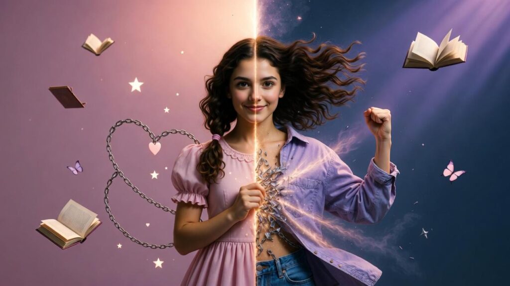 Illustrazione simbolica della sindrome della brava bambina: donna che rompe catene da bambina remissiva a versione forte e libera, copertina motivazionale