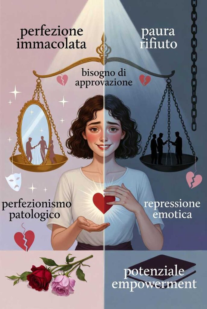 Illustrazione sindrome della brava bambina: donna divisa tra sorriso forzato e emozioni represse, con bilancia di perfezione e paura rifiuto.