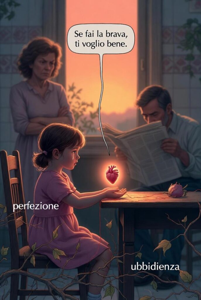 Illustrazione cause sindrome della brava bambina: bambina che offre cuore a genitori, con frase "Se fai la brava, ti voglio bene" e radici condizionanti.