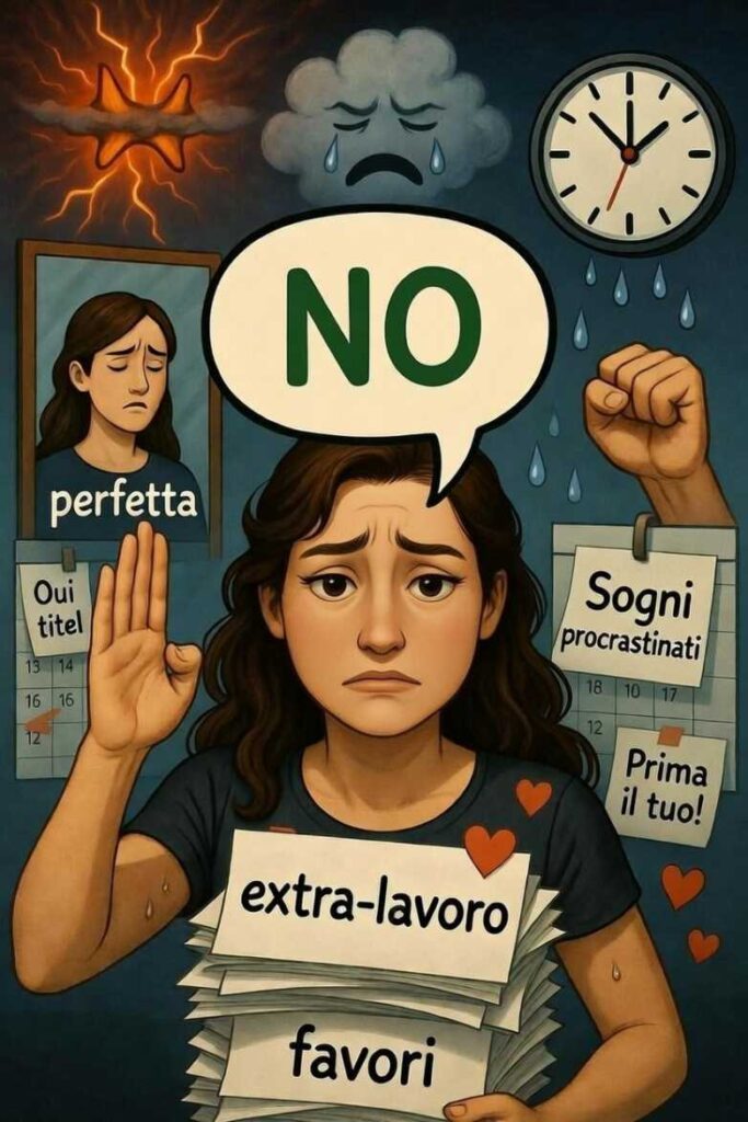 Sintomi sindrome della brava bambina: donna stressata con 'NO' tremante, pile extra-lavoro e emozioni represse.