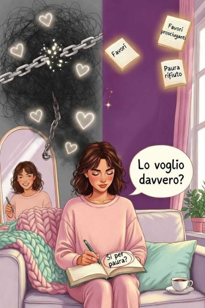 Guarigione sindrome della brava bambina: donna con diario che scrive "SÌ per paura?" e "Lo voglio davvero?".