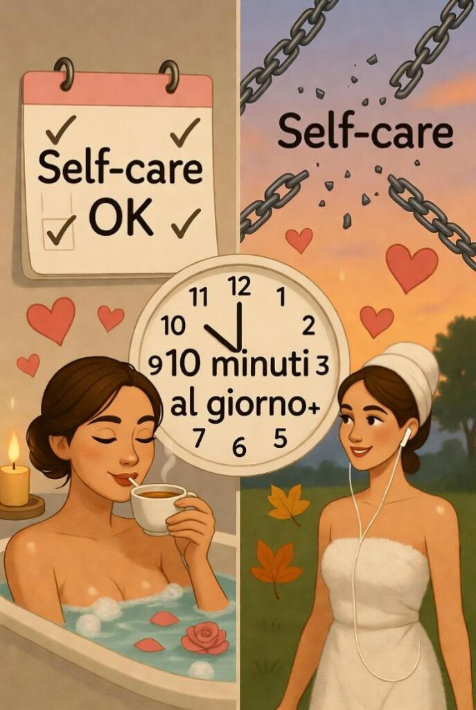 Consigli sindrome della brava bambina: donna in routine self-care con bagno caldo, passeggiata e '10 minuti al giorno'