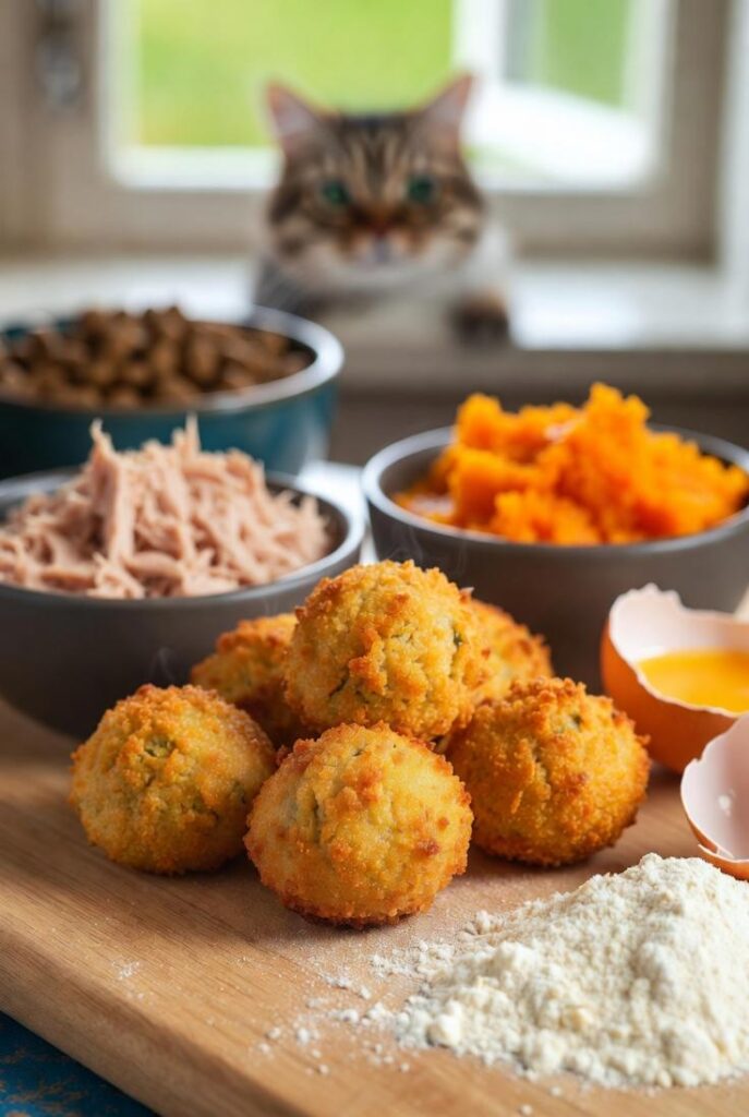 Snack per gatti fatti in casa: crocchette tonno zucca dorate su tagliere con tonno, purea arancione, uovo e gatto che spia.