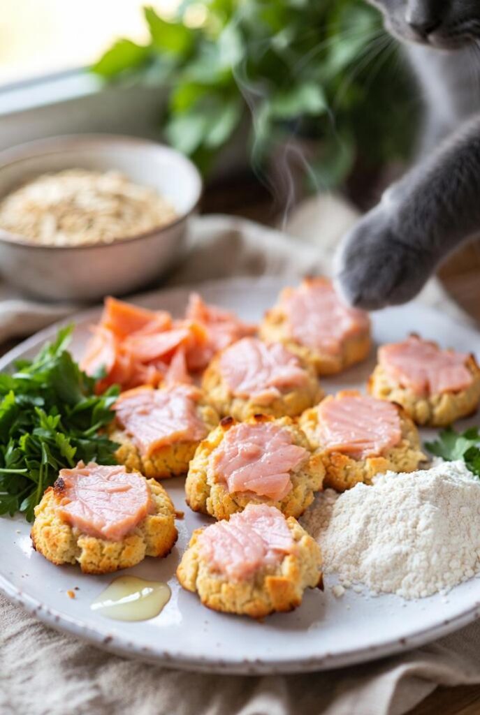 Snack per gatti fatti in casa: biscotti salmone prezzemolo su piatto con erbe fresche, farina di riso e gatto grigio curioso