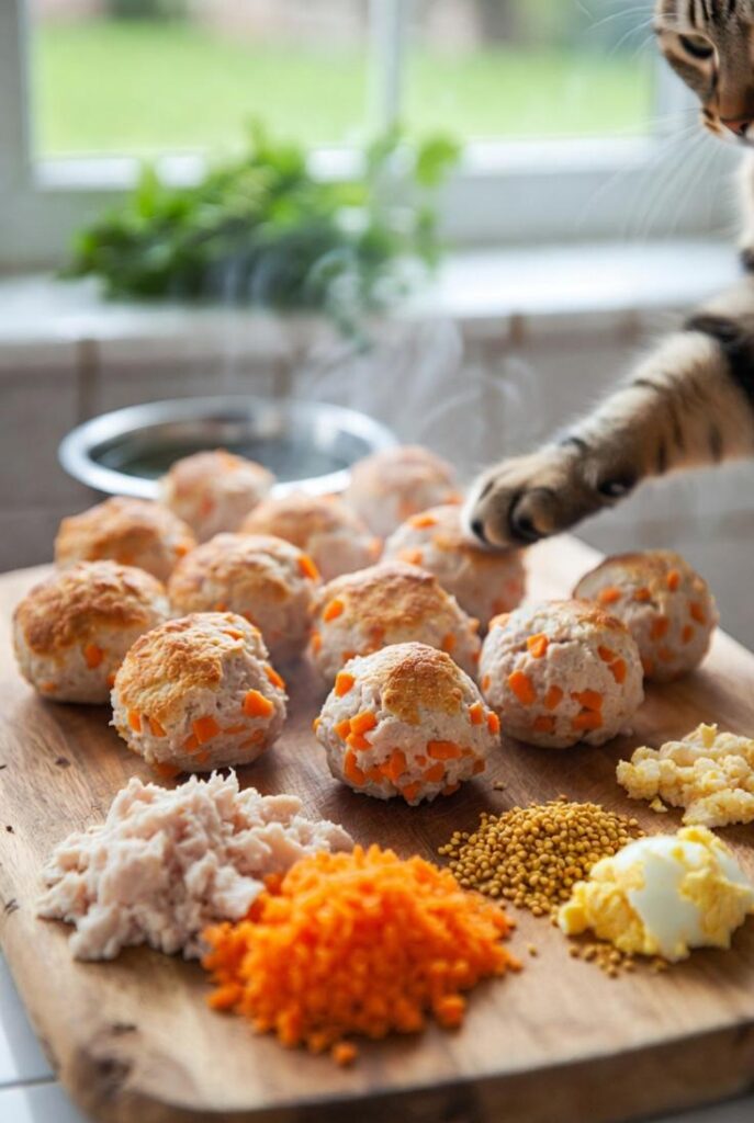 Snack per gatti fatti in casa: polpettine pollo carota grattugiata su tagliere con lievito, uovo e gatto che annusa vapore fresco.