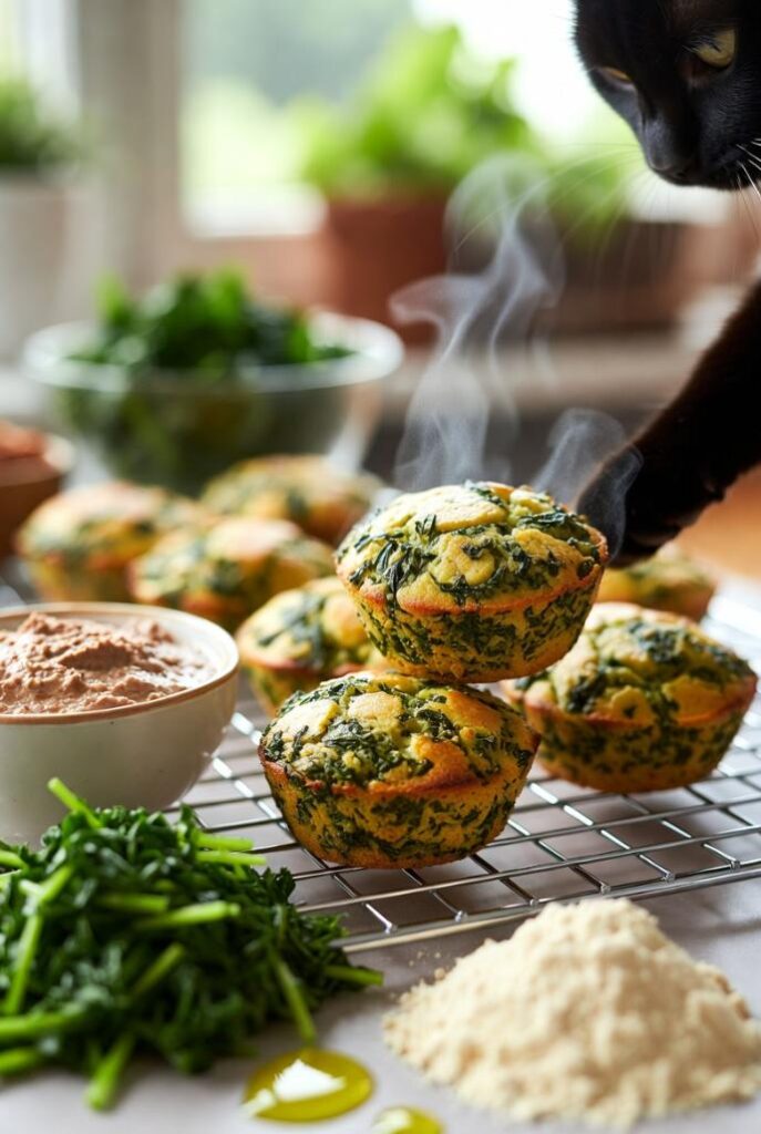 Mini muffin al fegato e spinaci fatti in casa per gatti su griglia di raffreddamento, con ingredienti freschi e gatto nero curioso – ricetta sana e nutriente per gatti
